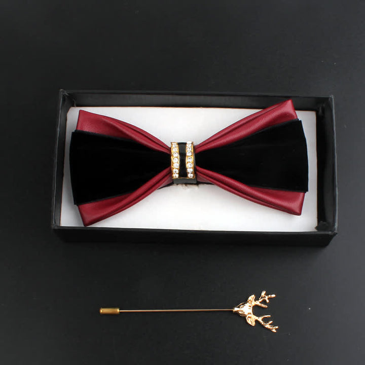 Juego de 2 pajaritas con alfiler de ciervo de cuero sintético con decoración de cristal para hombre