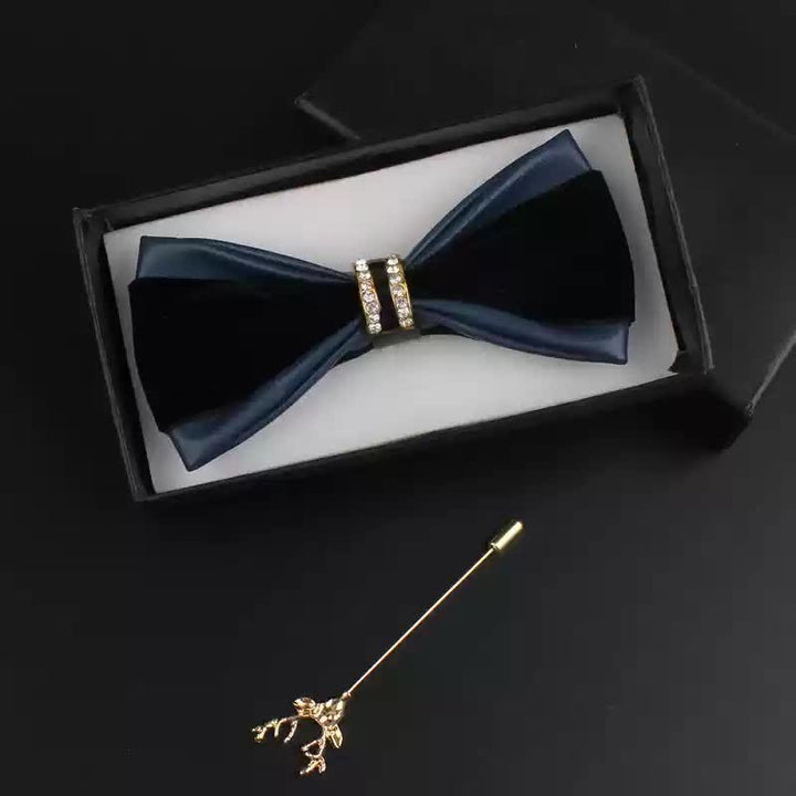 Juego de 2 pajaritas con alfiler de ciervo de cuero sintético con decoración de cristal para hombre