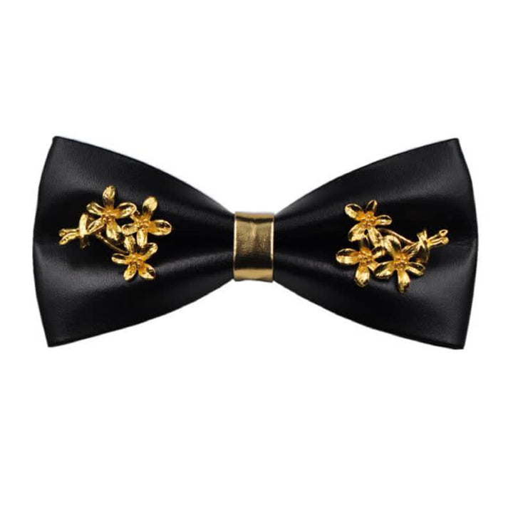 Pajarita de cuero sintético negro con detalles de flores de metal dorado para hombre