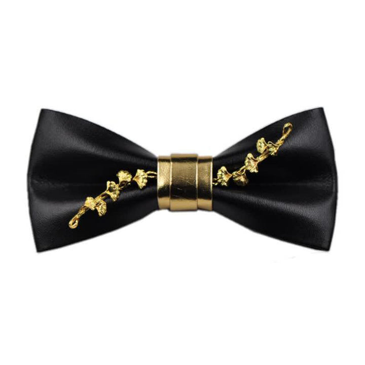 Pajarita de cuero sintético negro con detalles de flores de metal dorado para hombre