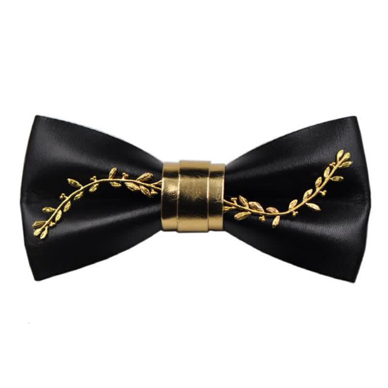 Pajarita de cuero sintético negro con detalles de flores de metal dorado para hombre
