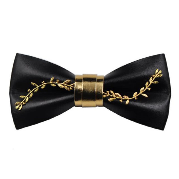 Pajarita de cuero sintético negro con detalles de flores de metal dorado para hombre