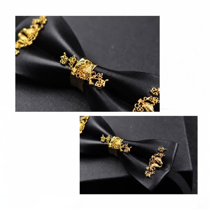 Pajarita de cuero sintético negro con detalles de flores de metal dorado para hombre