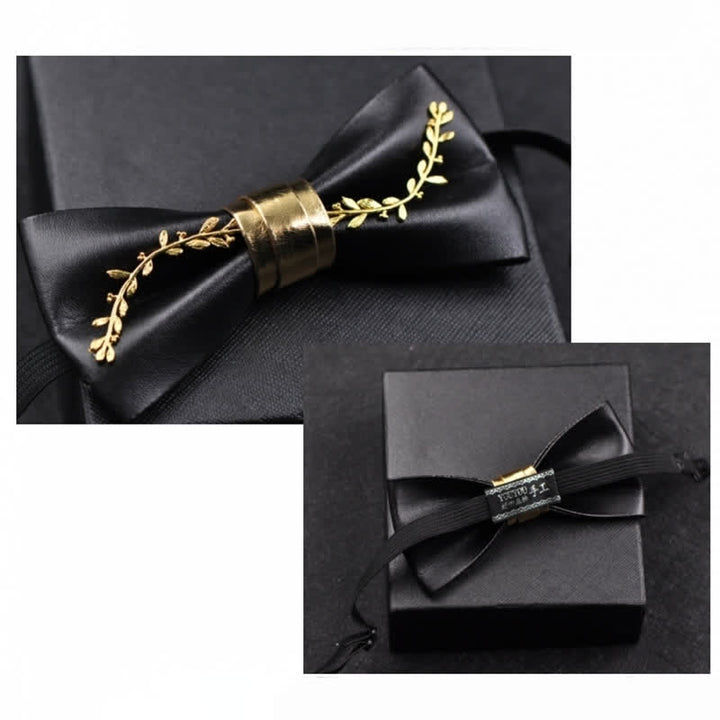 Pajarita de cuero sintético negro con detalles de flores de metal dorado para hombre