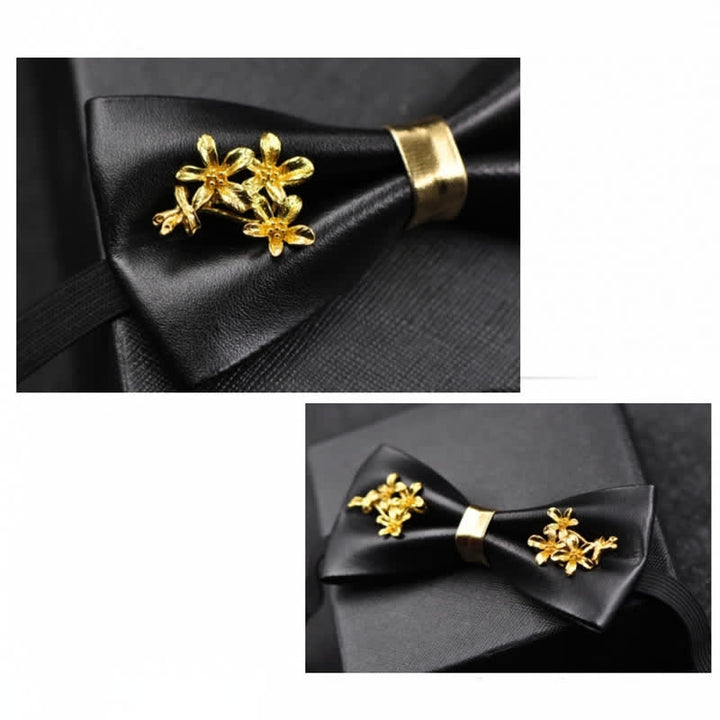 Pajarita de cuero sintético negro con detalles de flores de metal dorado para hombre