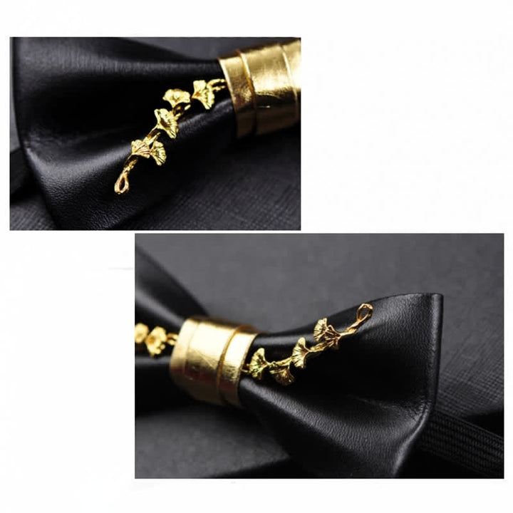 Pajarita de cuero sintético negro con detalles de flores de metal dorado para hombre