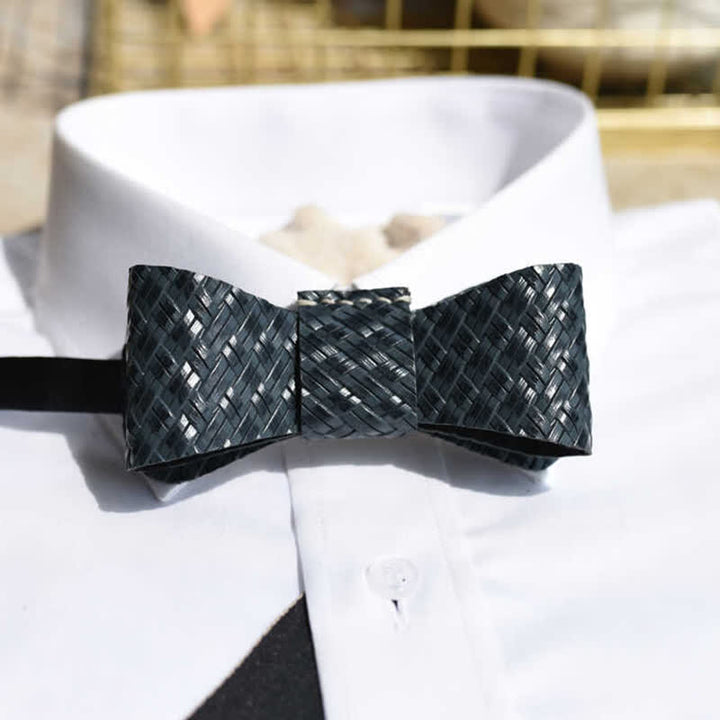 Pajarita de cuero genuino con patrón de tejido negro para hombre