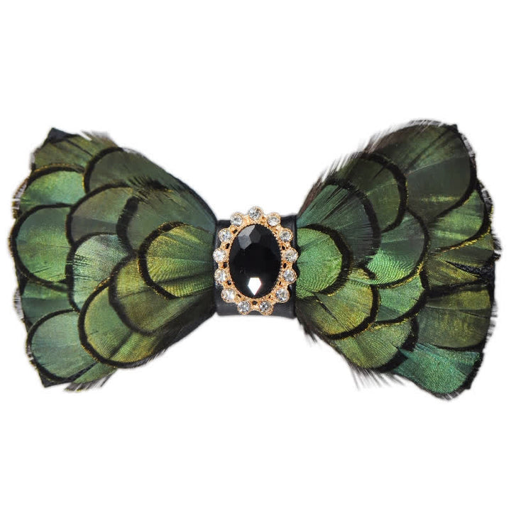 Pajarita formal de plumas con cristales de color verde bosque para fiestas