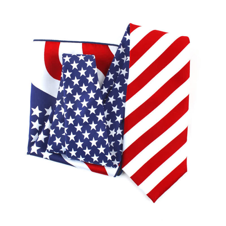 Juego de 3 corbatas y pañuelos con estampado de bandera estadounidense para hombre