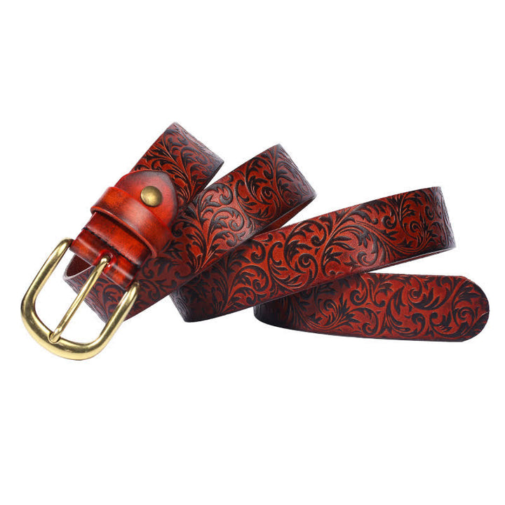 Cinturón clásico de cuero con un hermoso relieve floral.
