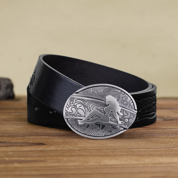 Cinturón de cuero con cuchillo plegable oculto para hombre, con silueta de dama, hecho a mano