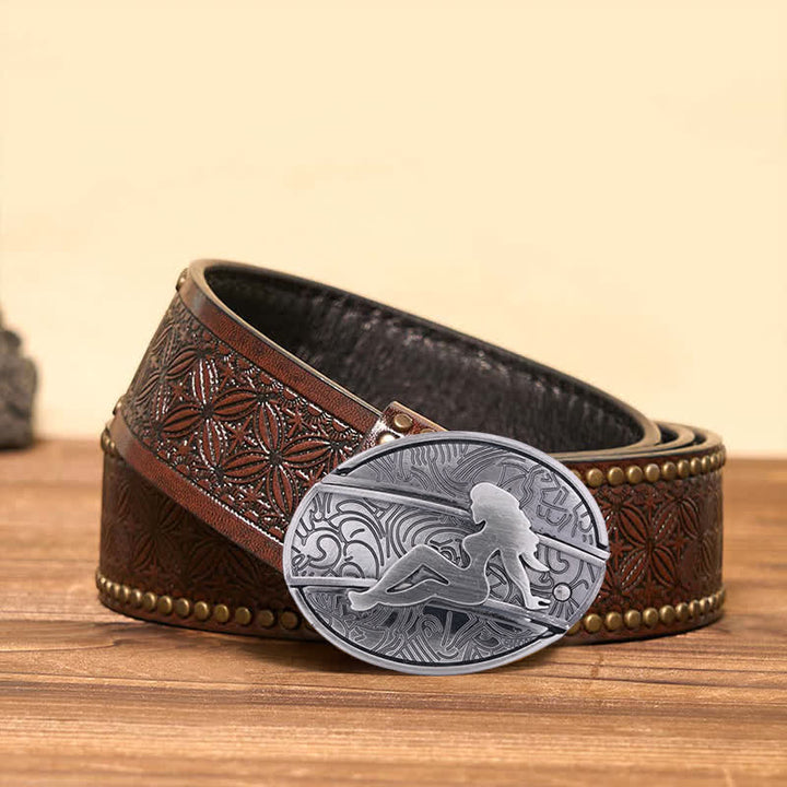 Cinturón de cuero con cuchillo plegable oculto para hombre, con silueta de dama, hecho a mano