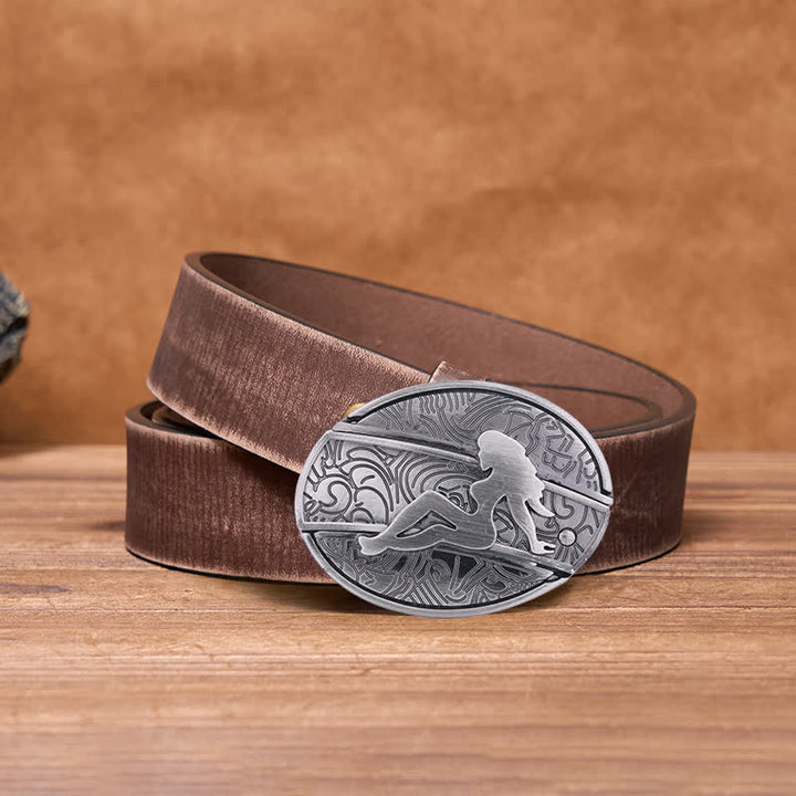 Cinturón de cuero con cuchillo plegable oculto para hombre, con silueta de dama, hecho a mano