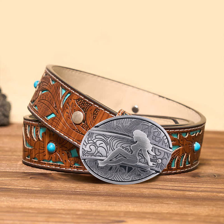 Cinturón de cuero con cuchillo plegable oculto para hombre, con silueta de dama, hecho a mano
