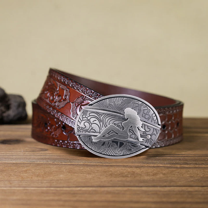 Cinturón de cuero con cuchillo plegable oculto para hombre, con silueta de dama, hecho a mano