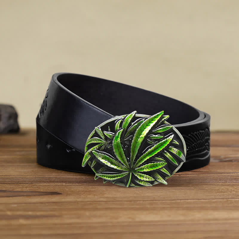Cinturón de cuero con hebilla de planta de arce verde para hombre hecho a mano
