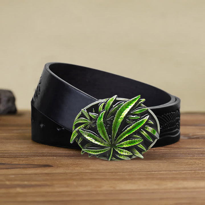 Cinturón de cuero con hebilla de planta de arce verde para hombre hecho a mano