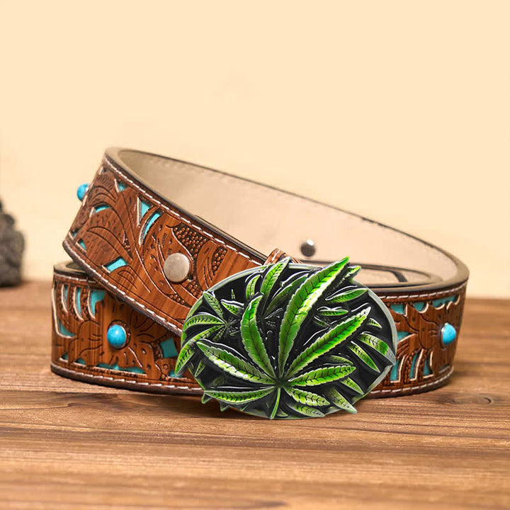 Cinturón de cuero con hebilla de planta de arce verde para hombre hecho a mano