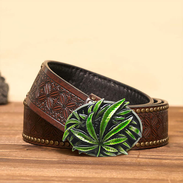 Cinturón de cuero con hebilla de planta de arce verde para hombre hecho a mano
