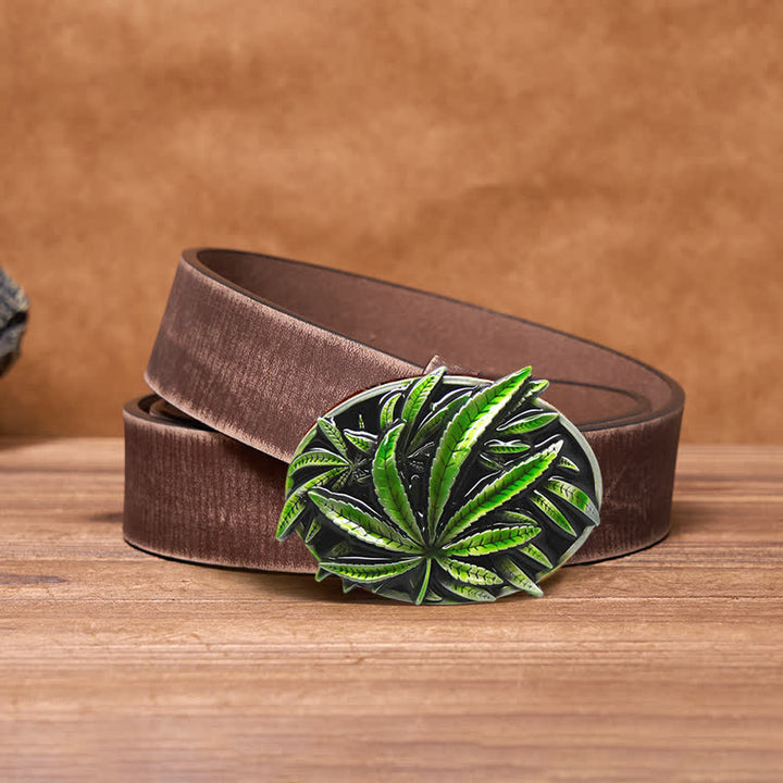 Cinturón de cuero con hebilla de planta de arce verde para hombre hecho a mano