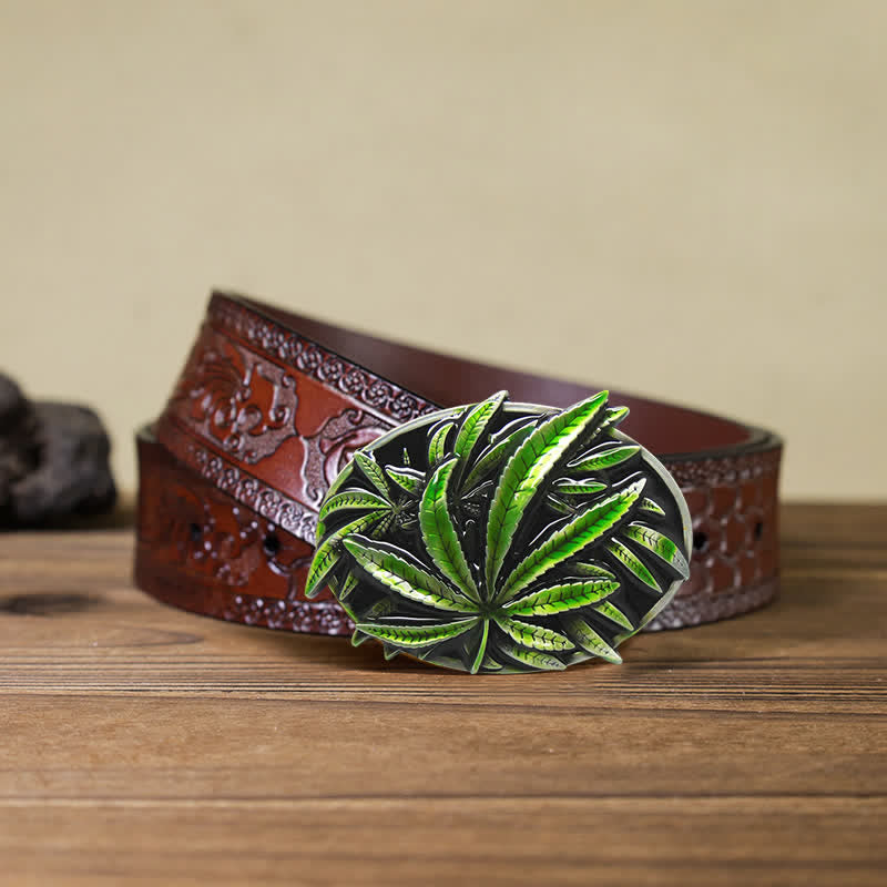 Cinturón de cuero con hebilla de planta de arce verde para hombre hecho a mano
