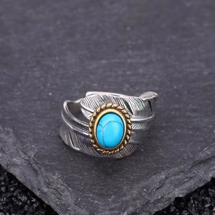 Anillo abierto ajustable con plumas turquesas para hombre