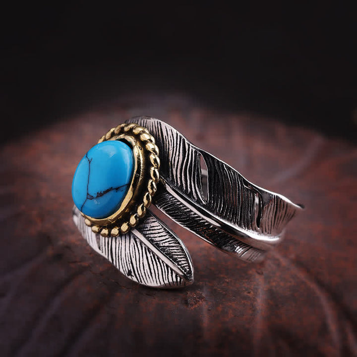 Anillo abierto ajustable con plumas turquesas para hombre
