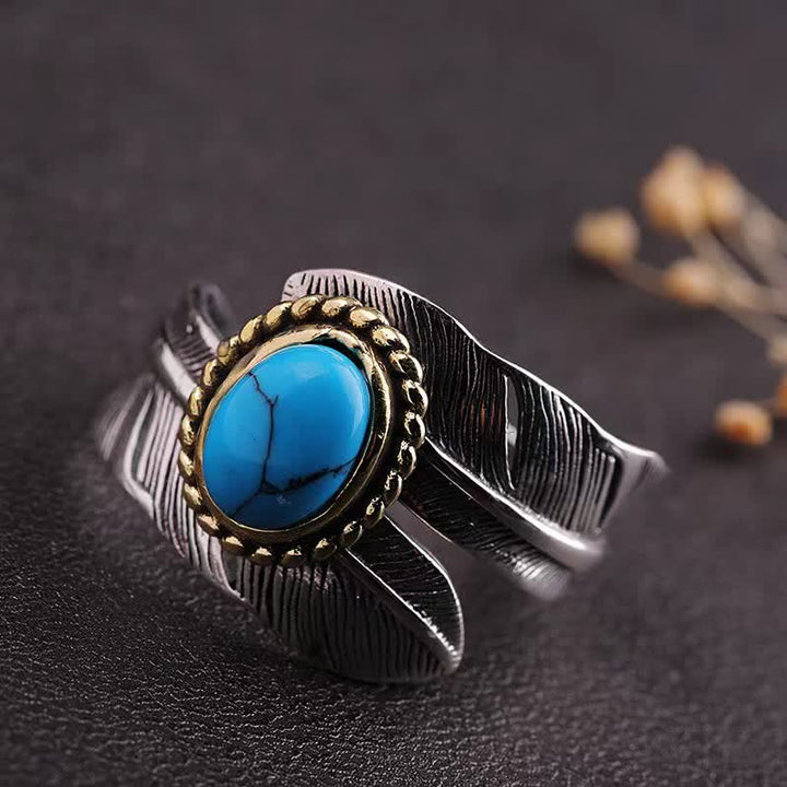 Anillo abierto ajustable con plumas turquesas para hombre
