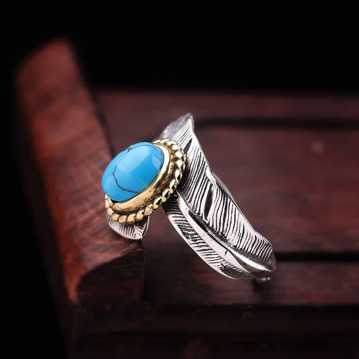 Anillo abierto ajustable con plumas turquesas para hombre