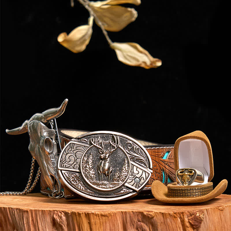 Juego de anillos y colgantes con diseño de ciervo, cuchillo oculto y hebilla de cinturón, de toro de cuernos largos.