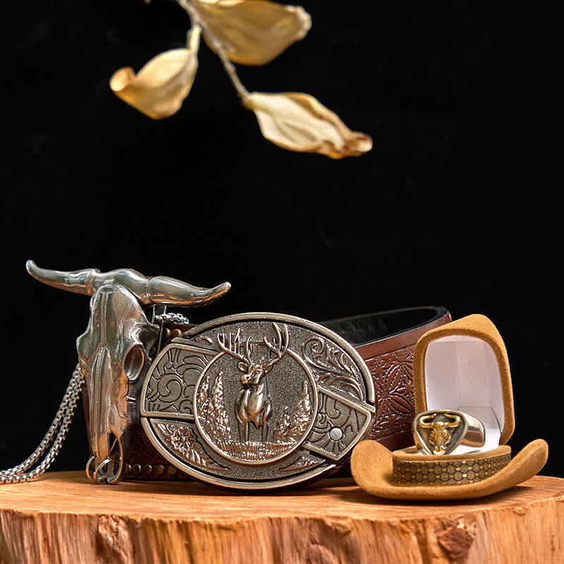 Juego de anillos y colgantes con diseño de ciervo, cuchillo oculto y hebilla de cinturón, de toro de cuernos largos.
