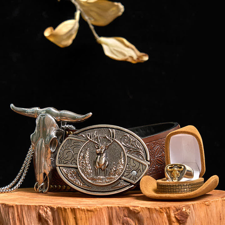 Juego de anillos y colgantes con diseño de ciervo, cuchillo oculto y hebilla de cinturón, de toro de cuernos largos.