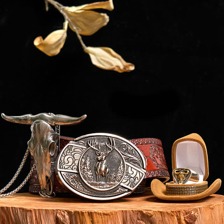 Juego de anillos y colgantes con diseño de ciervo, cuchillo oculto y hebilla de cinturón, de toro de cuernos largos.