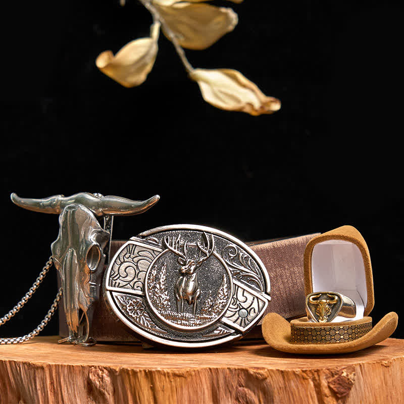 Juego de anillos y colgantes con diseño de ciervo, cuchillo oculto y hebilla de cinturón, de toro de cuernos largos.