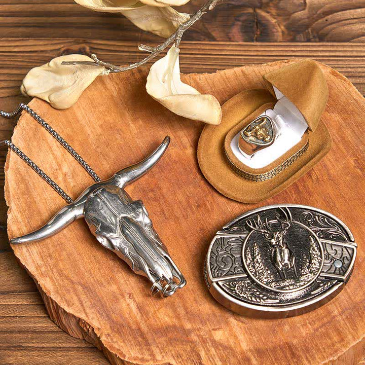 Juego de anillos y colgantes con diseño de ciervo, cuchillo oculto y hebilla de cinturón, de toro de cuernos largos.