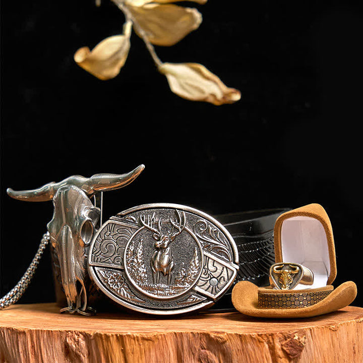 Juego de anillos y colgantes con diseño de ciervo, cuchillo oculto y hebilla de cinturón, de toro de cuernos largos.