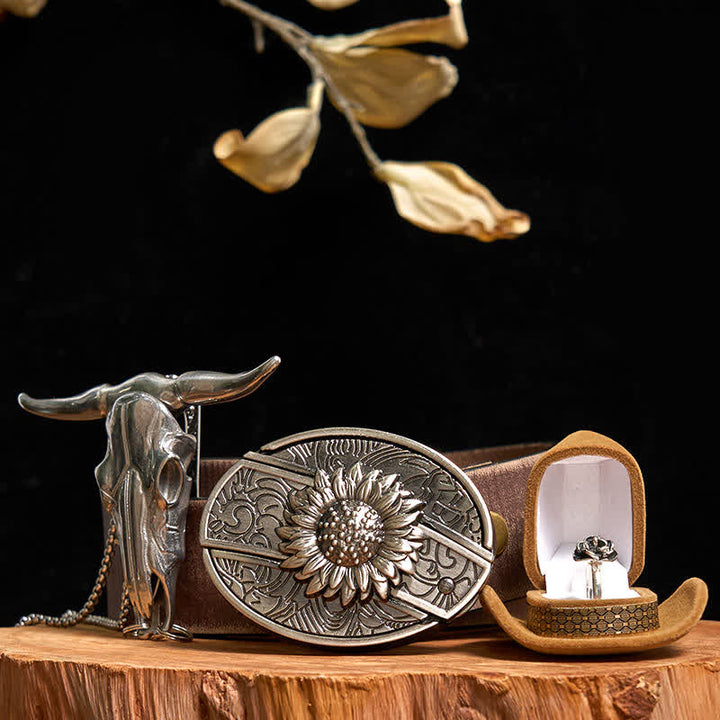 Conjunto de anillo con rosa y colgante de toro con hebilla de cinturón y cuchillo oculto de girasol
