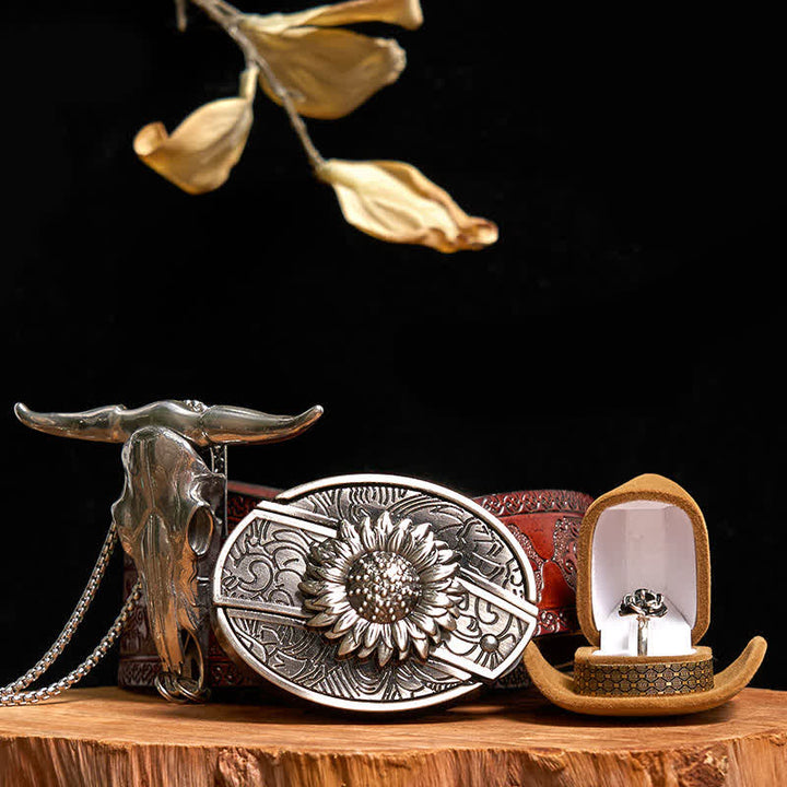 Conjunto de anillo con rosa y colgante de toro con hebilla de cinturón y cuchillo oculto de girasol