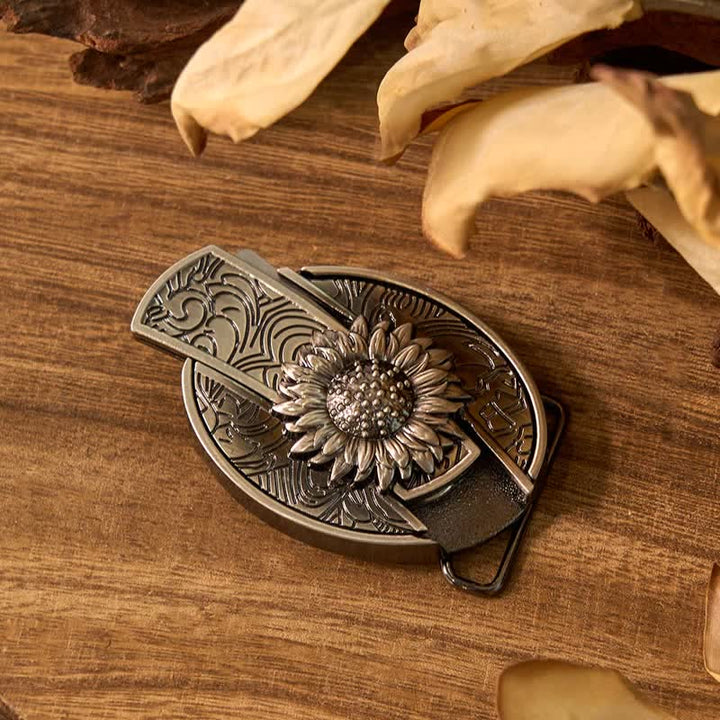 Conjunto de anillo con rosa y colgante de toro con hebilla de cinturón y cuchillo oculto de girasol