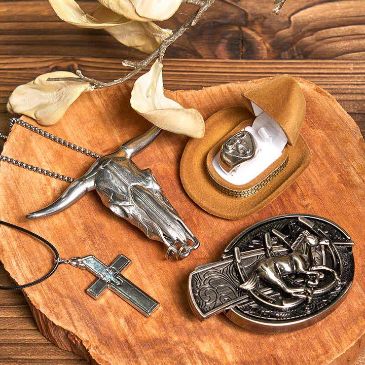 Conjunto de collar y anillo con colgante de toro y hebilla de cinturón con cuchillo oculto para caballo.