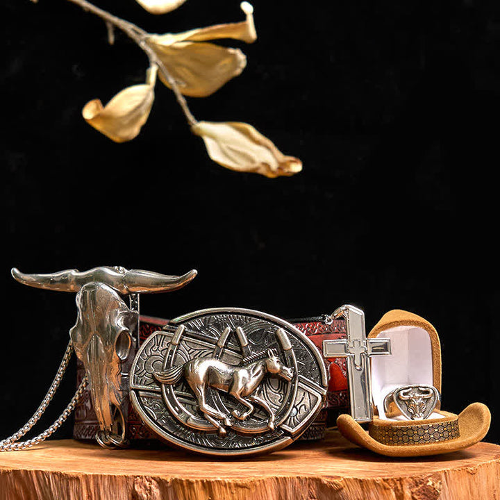 Conjunto de collar y anillo con colgante de toro y hebilla de cinturón con cuchillo oculto para caballo.
