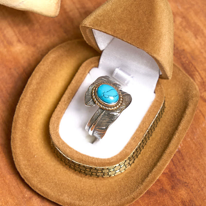 Conjunto de collar y anillo con pluma turquesa y hebilla de cinturón con cuchillo oculto de alas angulares