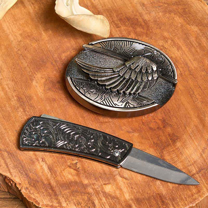 Conjunto de collar y anillo con pluma turquesa y hebilla de cinturón con cuchillo oculto de alas angulares