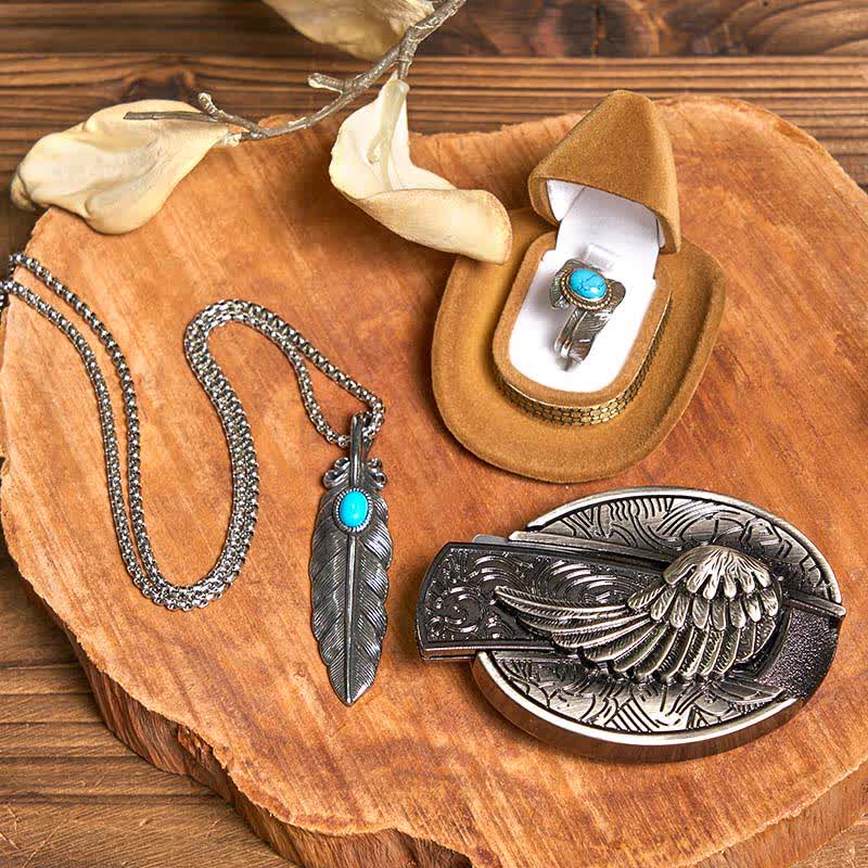 Conjunto de collar y anillo con pluma turquesa y hebilla de cinturón con cuchillo oculto de alas angulares