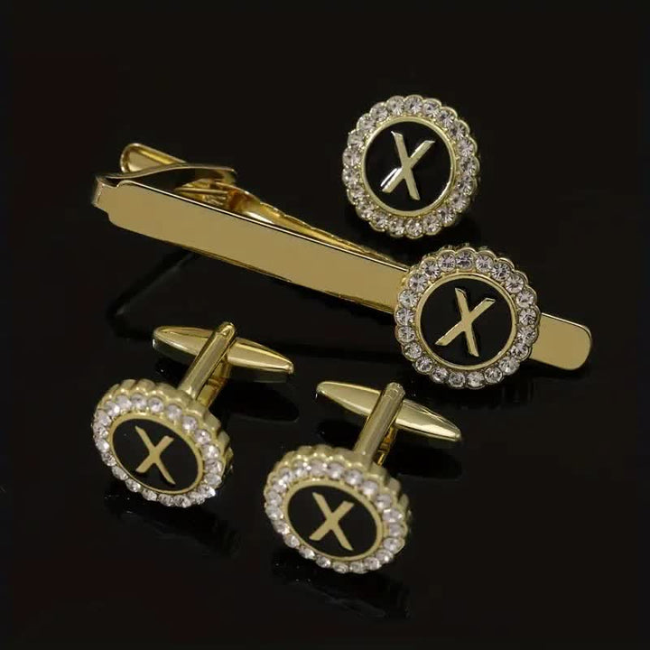 Juego de 3 gemelos y broche para corbata con 26 letras mayúsculas en oro para hombre