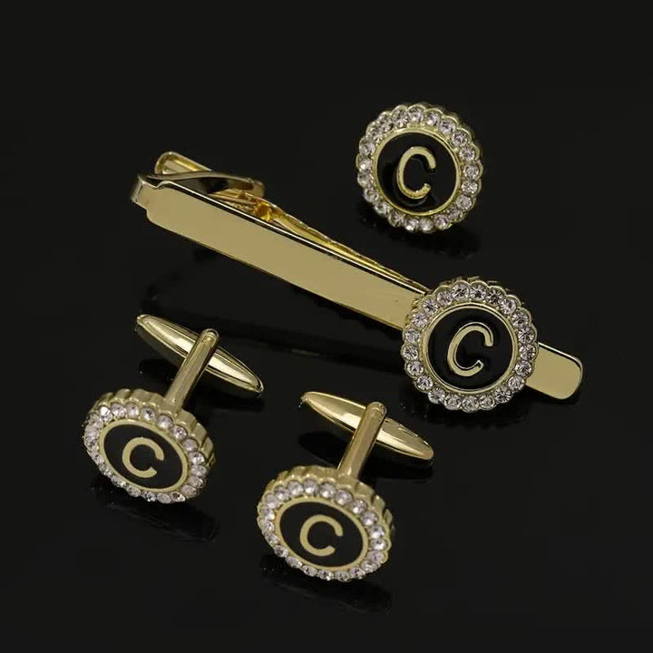 Juego de 3 gemelos y broche para corbata con 26 letras mayúsculas en oro para hombre