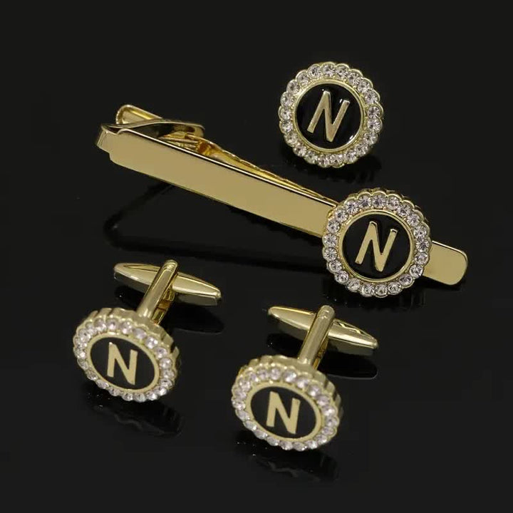 Juego de 3 gemelos y broche para corbata con 26 letras mayúsculas en oro para hombre