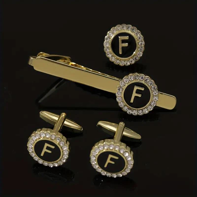 Juego de 3 gemelos y broche para corbata con 26 letras mayúsculas en oro para hombre