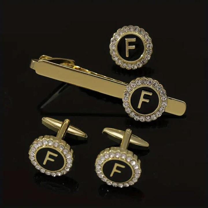 Juego de 3 gemelos y broche para corbata con 26 letras mayúsculas en oro para hombre