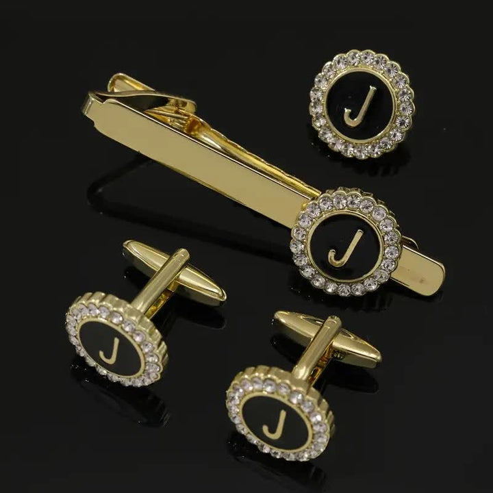Juego de 3 gemelos y broche para corbata con 26 letras mayúsculas en oro para hombre